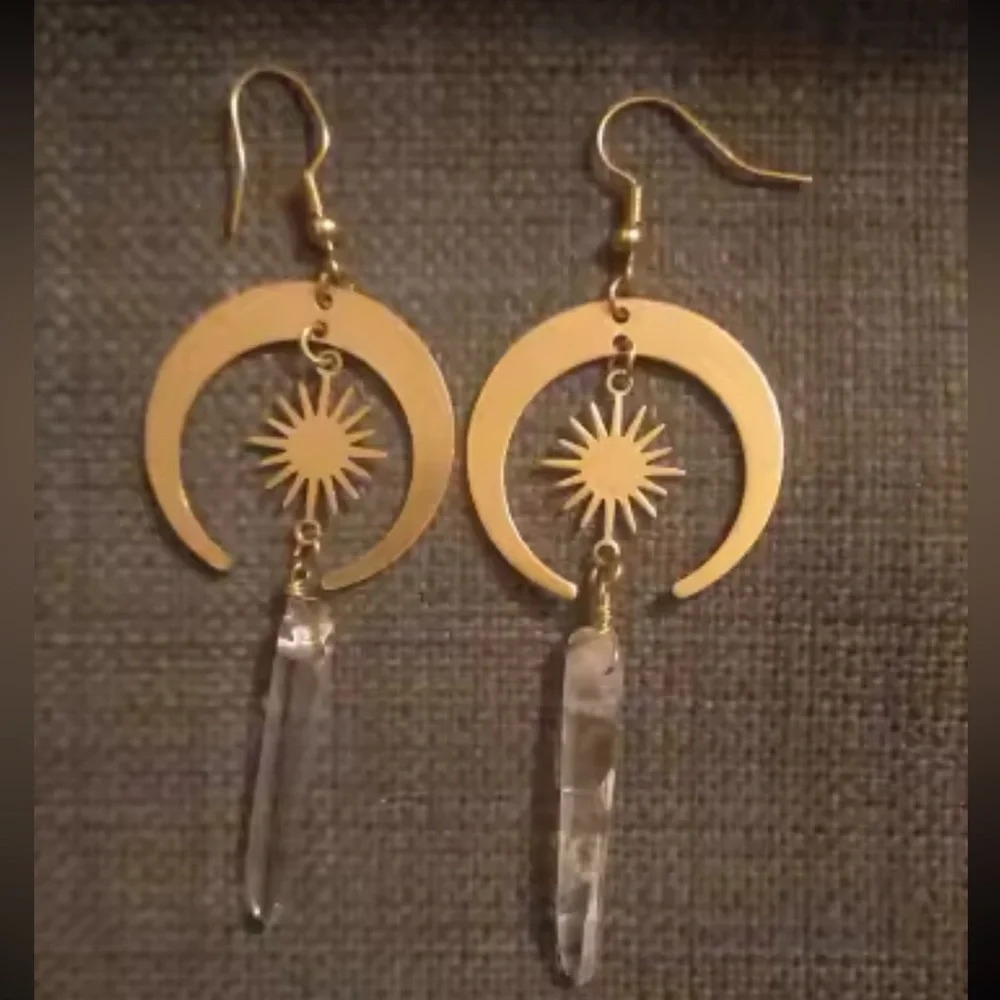 Sun Crescent Gold Natural Stone Witchy Earrings